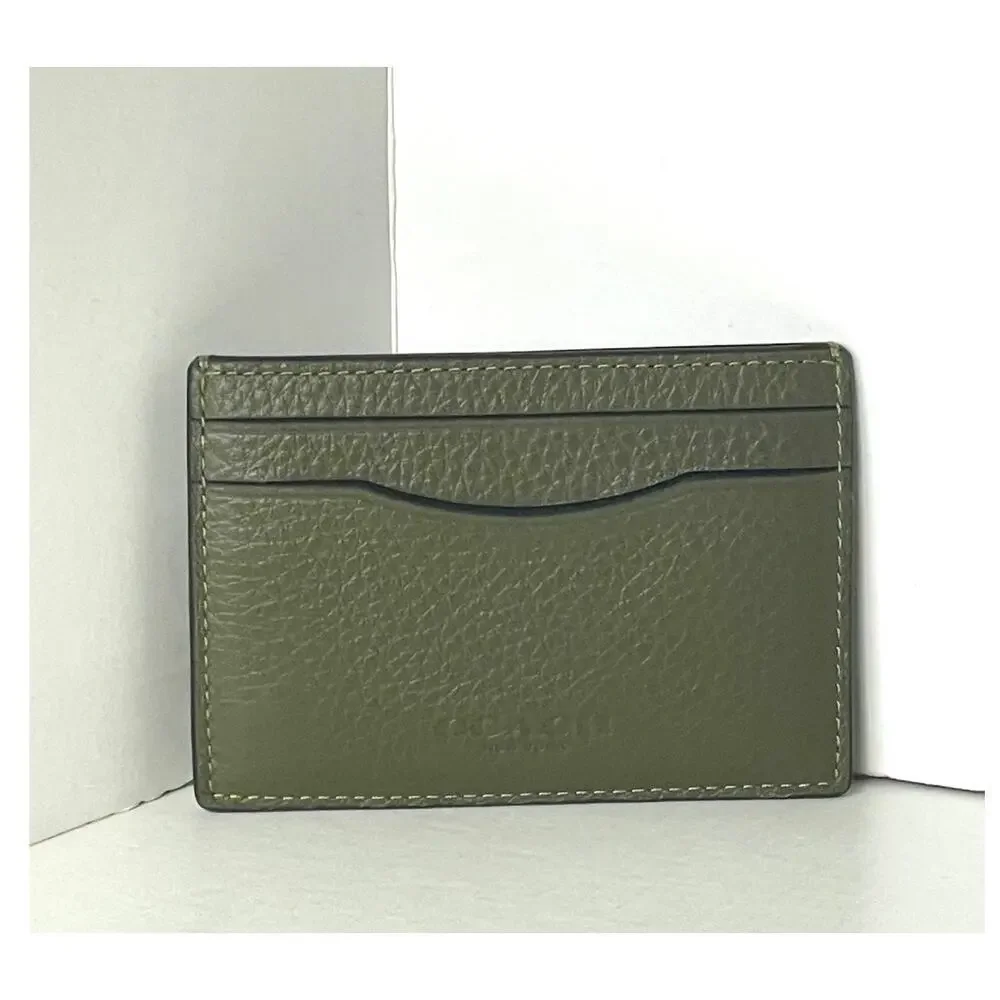 Coach Card Case Money Clip Olive Green Crossgrain Leather Mens CDC79
